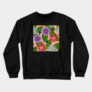 Pretty Poisons: Passionflowers and Poison Dart Frogs on Coral Crewneck Sweatshirt